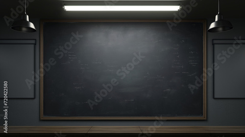 "Modern Classroom Concept: Empty Black Chalkboard with Traces of Chalk and Overhead Lighting, Ideal for Educational Backgrounds or Design Space"