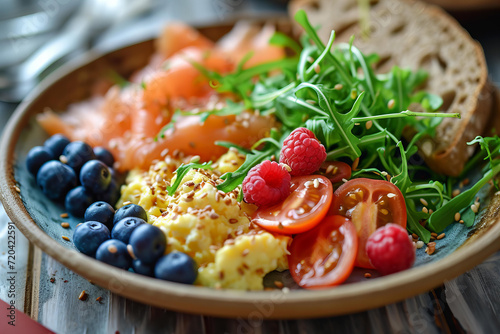 healthy nutritious homemade breakfast. scramble, pieces of lightly salted salmon, sliced ​​tomato, sliced ​​avocado, sliced cucumber, arugula, blueberries, raspberries, sesame seeds, a piece of whole- photo