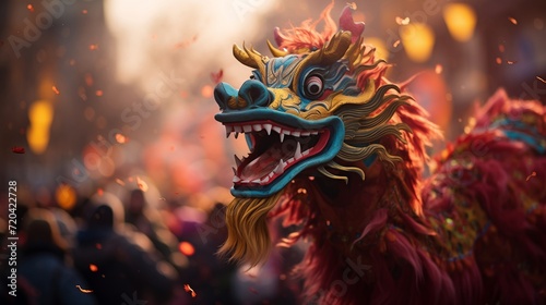 Chinese New Year street celebration. Dragon as a character for the dance at festival.