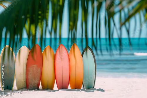 different colors surfboards set row on the beach . Ocean shore, tropical settings, palm leaves . Selective focus.