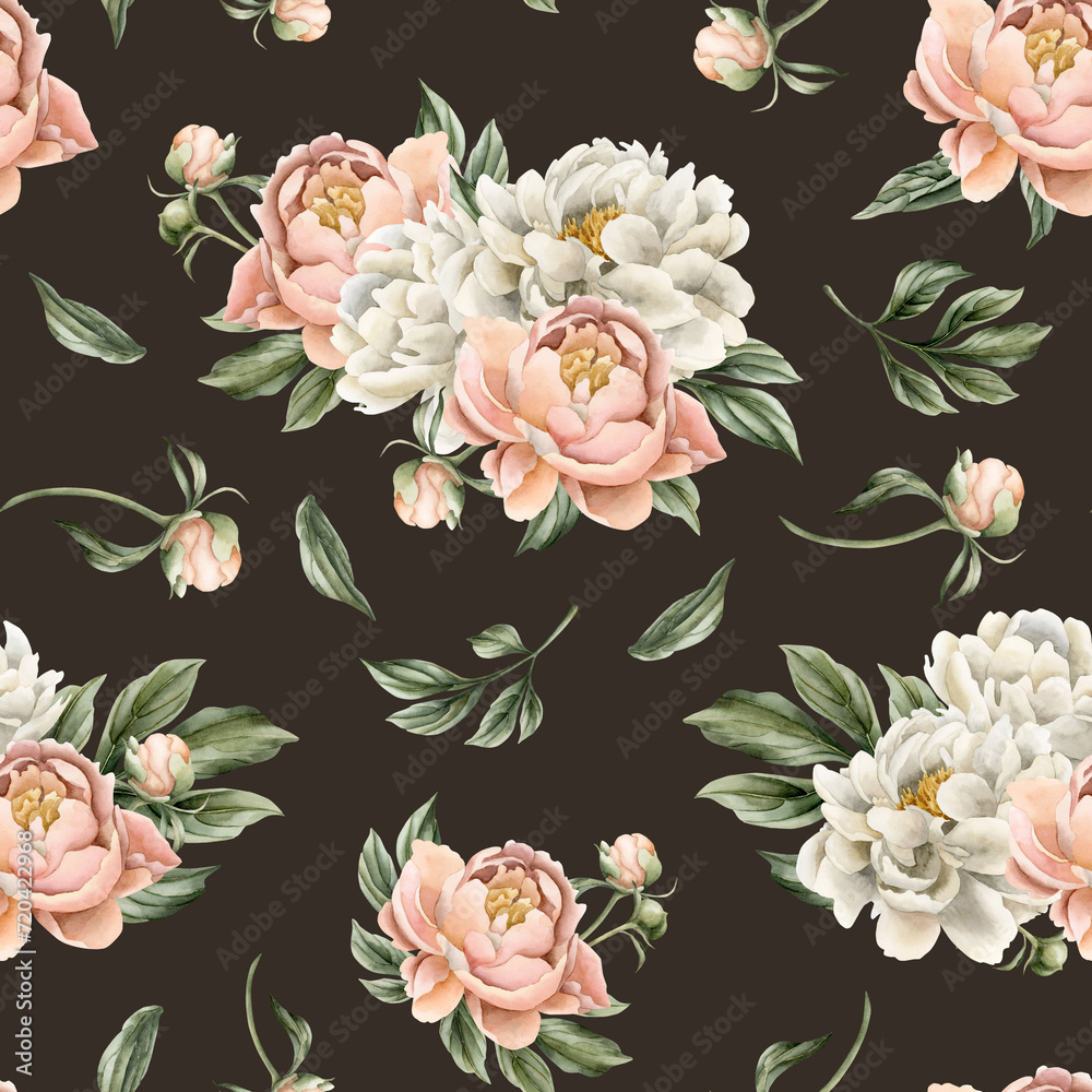 Floral watercolor seamless pattern with white and peach fuzz peony flowers, buds and green leaves on dark