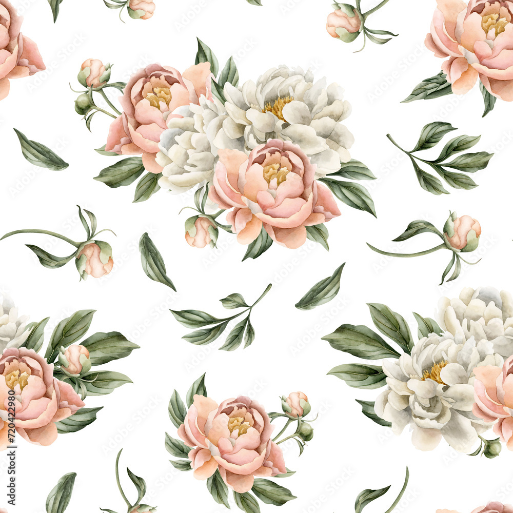 Floral watercolor seamless pattern with white and peach fuzz peony flowers, buds and green leaves on white background