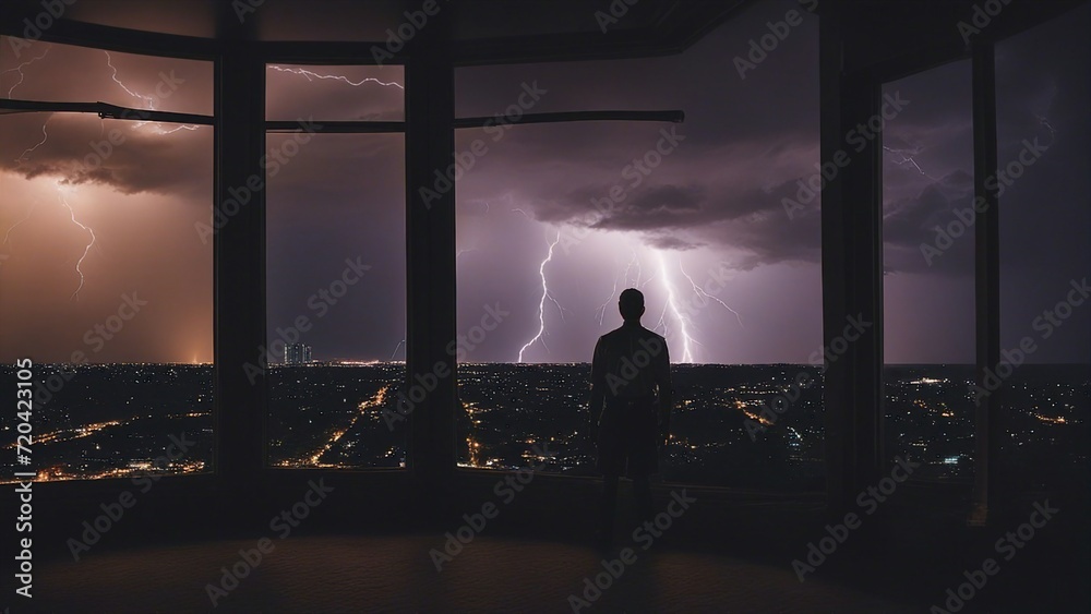 silhouette of a person in the window  He was watching the lightning and thunderstorm flash with raining background from his window, 
