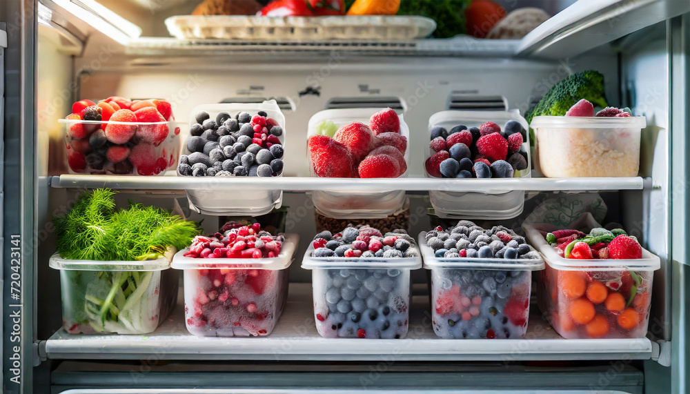 Frozen Berries and Nutrient-Rich Veggies Safely Stored in Reusable Containers on Home Refrigerator Shelves