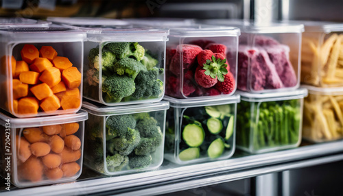 Frozen Berries and Nutrient-Rich Veggies Safely Stored in Reusable Containers on Home Refrigerator Shelves