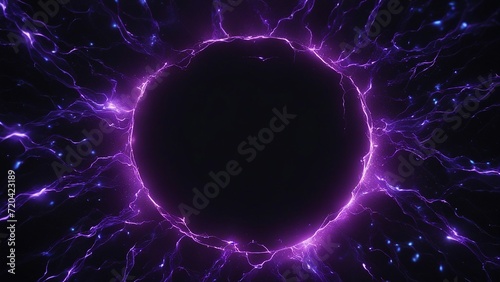 A black background with a round shape of blue and purple electric sparks 
