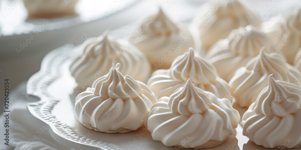 Classic Elegant Meringue Swirls on Pastel Background. Whipped meringue cookies in a soft swirl design, copy space. Classic Elegant Meringue Swirls on Pastel Background. Whipped meringue cookies in a soft swirl design, copy space.