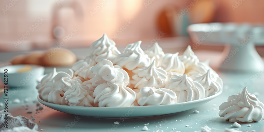Elegant Meringue Swirls in a plate on Pastel Background. Whipped meringue cookies in a soft swirl design, copy space.