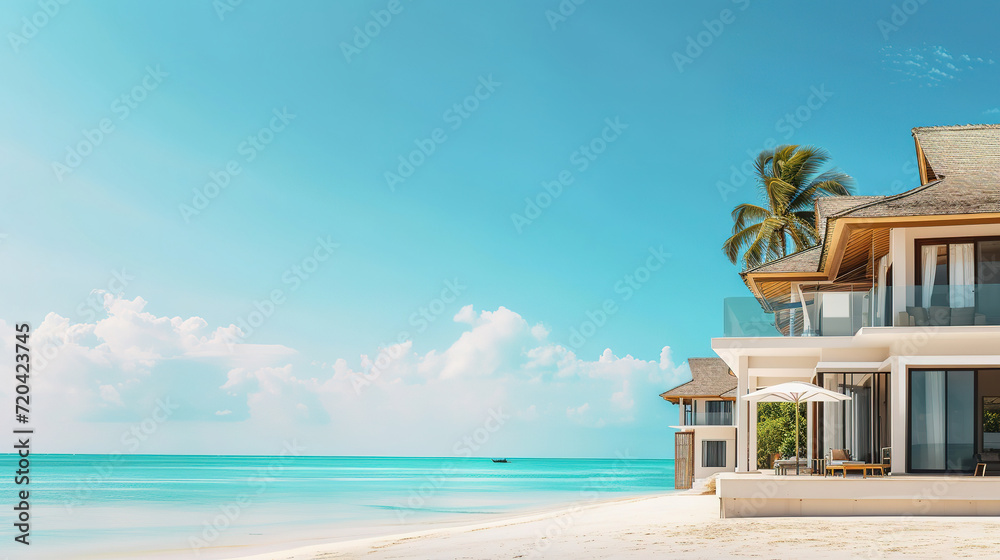 Obraz premium Tropical minimalistic mockup. Luxury panoramic view at exotic resort on turquoise seascape background with empty copy space