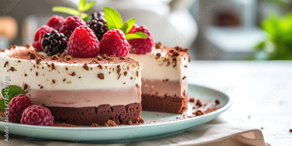Berry Mousse Cake with Fresh Garnish on Elegant Setting in a plate. Sumptuous berry mousse cake topped with fresh berries on pastel backdrop.