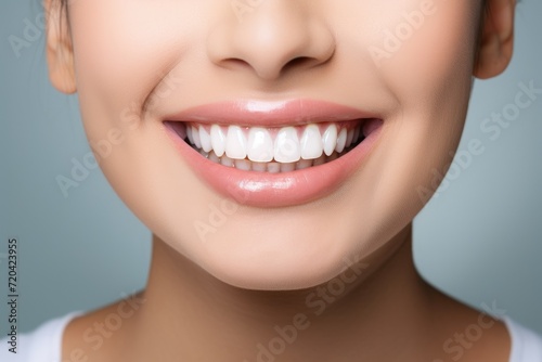 A woman with a toothbrush in her mouth showcases the importance of daily dental care and oral hygiene, Young woman showing healthy gums on grey background, AI Generated