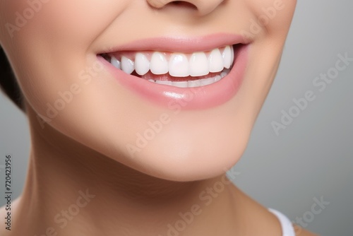 A woman cleaning her teeth with a toothbrush, Young woman showing healthy gums on grey background, AI Generated