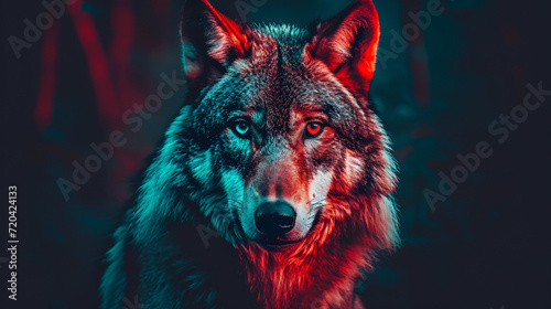 Wolf howling to the moon, illustrative colorfully poster, aurora on the sky, pack of wolves running in the woods, wolf howling in front of full moon background, close up. Generative AI 