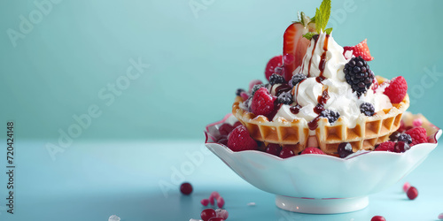 Berry Waffle Sundae Delight in a bowl on Pastel Background. Gourmet waffle sundae topped with whipped cream, fresh berries, and drizzled chocolate sauce.  photo