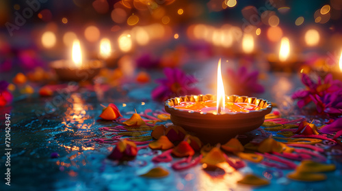  illustation of Diwali festival of lights tradition Diya oil lamps against dark background, illustration happy diwali, Happy diwali vector illustration. Festive diwali card, Generative Ai