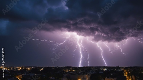 lightning over the city A spectacular display of lightning illuminates the night sky over a rugged terrain. 