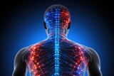 This image showcases the back of a mans neck, highlighting the severity and impact of neck pain on daily life, Lower and upper back pain highlighted in blue and red, AI Generated