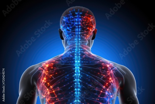 This image showcases the back of a mans neck, highlighting the severity and impact of neck pain on daily life, Lower and upper back pain highlighted in blue and red, AI Generated photo