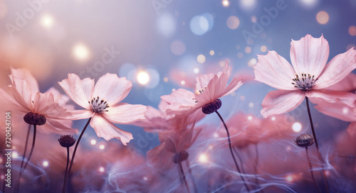 a group of pink flowers with a blue background and boke of light shining on them, with a blurry background, generative ai