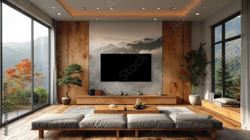 minimalist living room interior with TV console. Design the space with clean lines  neutral colors  and subtle decor. Showcase sleek and modern TV setup with screen displaying captivating image.