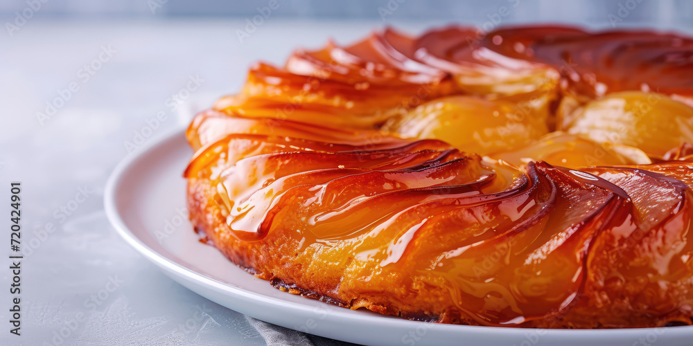 Caramelized Tarte Tatin on Rustic Table background, copy space. Close-up of a caramelized peach or apple tarte tatin, perfect for a sweet summer treat. Caramelized Tarte Tatin on Rustic Table background, copy space. Close-up of a caramelized peach or apple tarte tatin, perfect for a sweet summer treat.