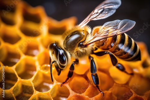 A detailed image capturing a bee up close as it sits on a honeycomb, Macro shot of a bee on honeycombs, Macro photography, AI Generated © Iftikhar alam