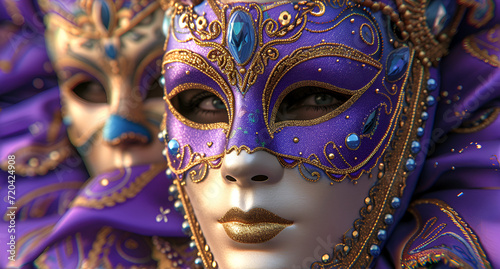  Mardi Gras Mask festival banner background,  elegant Mardi grass mask on violet background,  Venetian carnival mask, Mardi Gras background. Holiday of Mardi Gras masquerade, generative Ai © Saleem