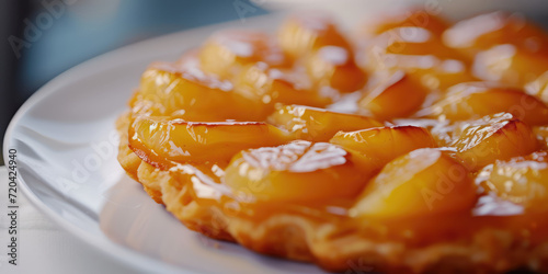 Caramelized Tarte Tatin on kitchen Table background, copy space. Close-up of a caramelized peach or apple tarte tatin, perfect for a sweet summer treat. photo