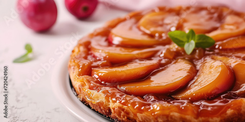 Caramelized Tarte Tatin on Rustic pink Table background, copy space. Close-up of a caramelized peach or apple tarte tatin, perfect for a sweet summer treat. photo