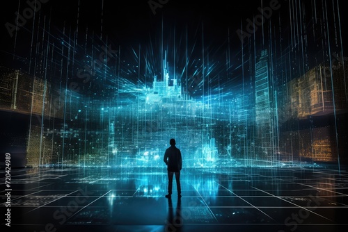 Back view of businessman looking at abstract technology background. 3D rendering, Silhouette of a person standing in front of a giant digital screen showing a hologram of data flows, AI Generated