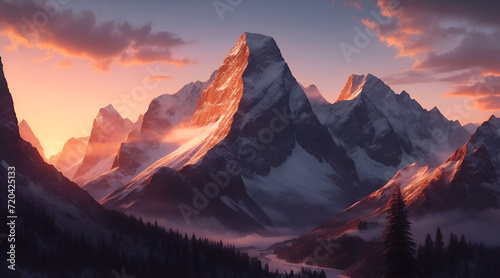 Mountain landscape at sunset Panoramic view of the snowy peaks of the mountains