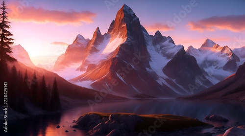 Fantastic mountain landscape with a lake in the foreground, 3d illustration.