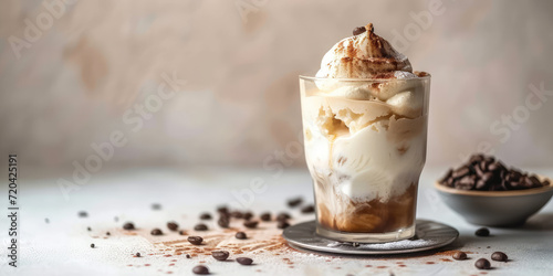 Decadent Affogato with Coffee beans in Glass on Pastel Table, copy space. Exquisite affogato coffee with creamy vanilla ice cream, espresso, and chocolate shavings, dusted with cocoa. photo