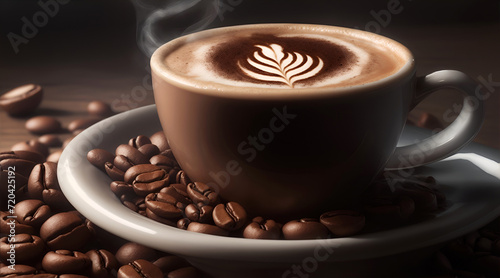 Coffee cup with latte art on wooden table with coffee beans