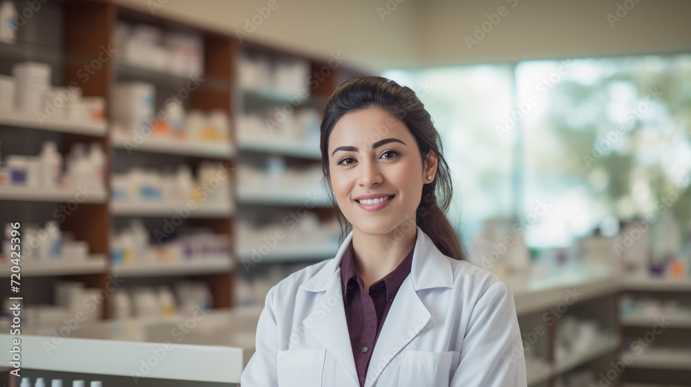 Pharmacist female with pharmacy shop background