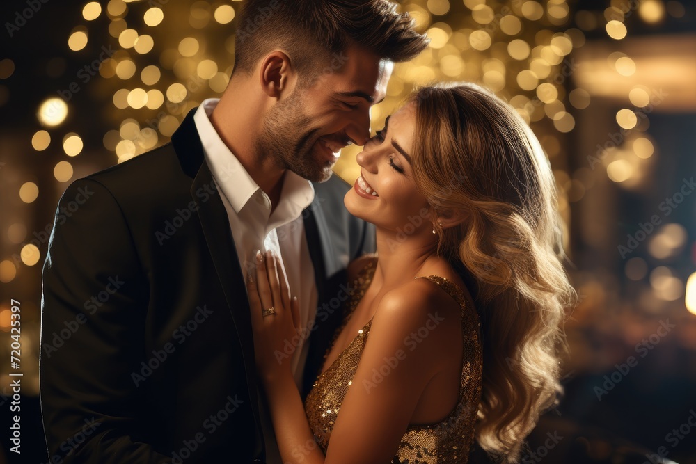 A man and a woman stand side by side in a straightforward, unassuming pose, capturing an everyday moment of togetherness, Man and woman at a Christmas party in gold color, Bokeh light, AI Generated A man and a woman stand side by side in a straightforward, unassuming pose, capturing an everyday moment of togetherness, Man and woman at a Christmas party in gold color, Bokeh light, AI Generated