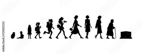 Vector illustration. Silhouette of growing up man from baby to old age. Many people of different ages in a row.	