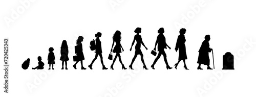 Vector illustration. Silhouette of growing up man from baby to old age. Many people of different ages in a row.	