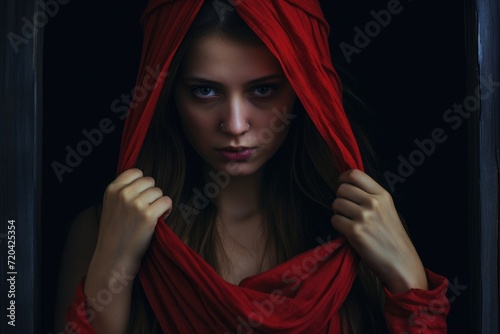 Portrait of a young woman covering her face with a red tape, Stop violence against and sexual abuse women,anti-trafficking and stopping violence against women, AI Generated photo