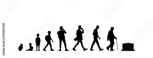 Vector illustration. Silhouette of growing up man from baby to old age. Many people of different ages in a row. 
