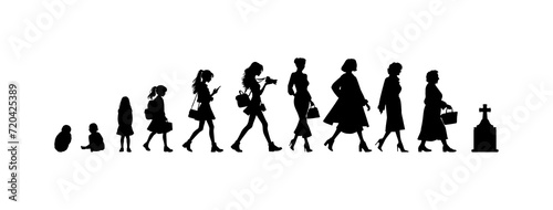 Vector illustration. Silhouette of growing up man from baby to old age. Many people of different ages in a row. 