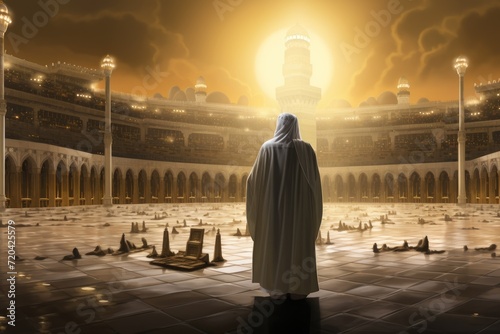 A man wearing a white robe stands in a serene courtyard, surrounded by greenery, Man in pilgrim performing haj or umrah in front of kaaba, AI Generated
