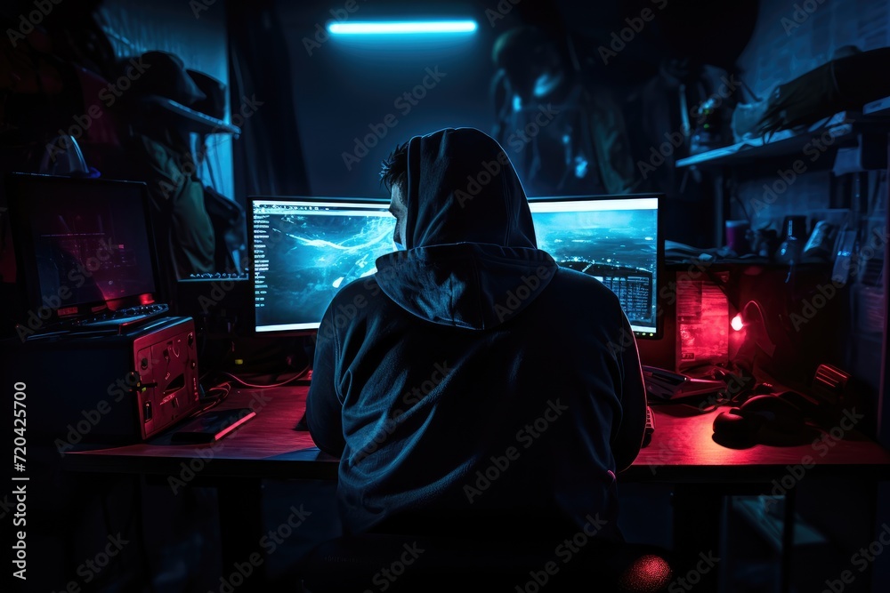 An individual engaging in work or study while seated at a desk, facing a computer monitor, man on computer setup in the dark gaming, AI Generated