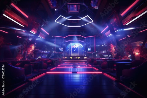 Futuristic neon interior. Night club with neon lights. 3D rendering  Stylish nightclub with neon spotlights  AI Generated