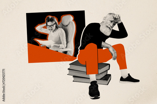 Photo collage image sitting retired thoughtful man stack books literature reader knowledge library woman document paper white background