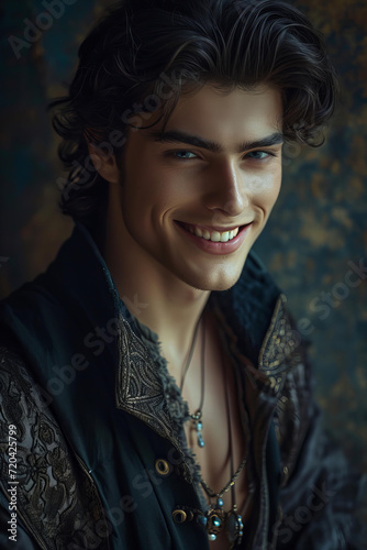  male romantic fantasy character. Photo of beautiful hot young medieval prince man with dark hair, charming lips, piercing blue eyes. Selective focus, smooth background