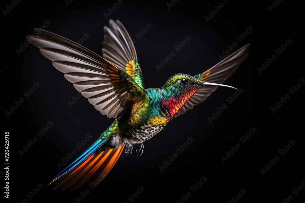 Obraz premium A vibrant hummingbird in flight, The shiny colored, fiery throated hummingbird Panterpe insignis is in flight, AI Generated
