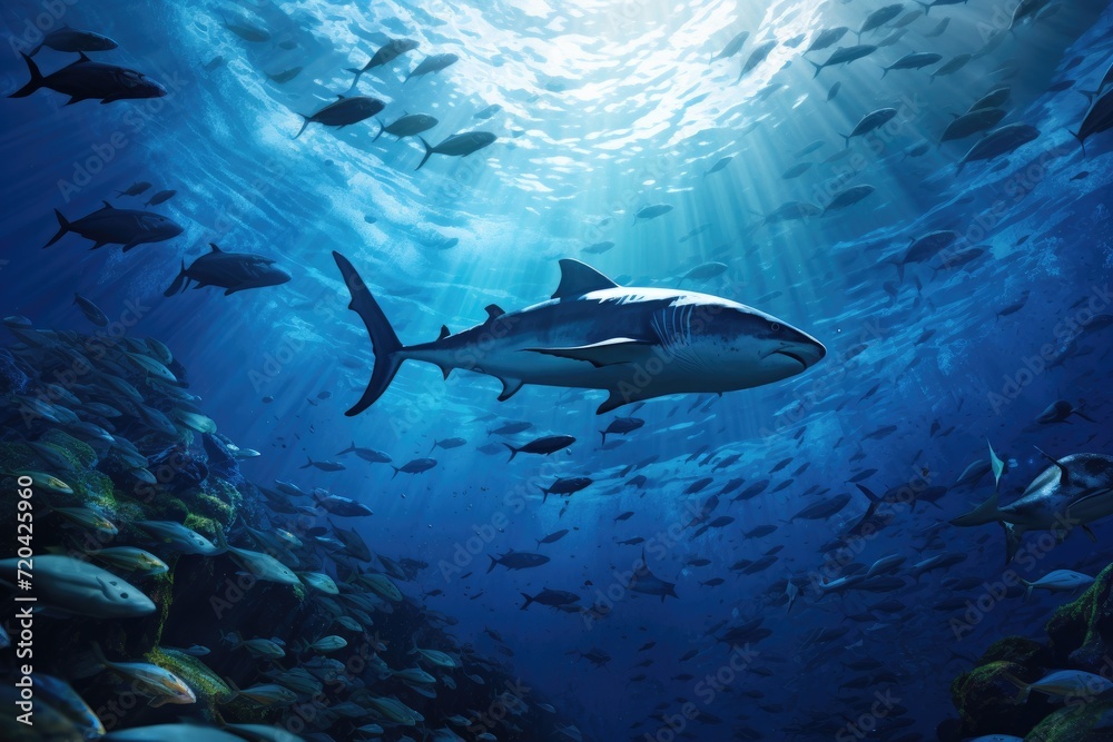 Fototapeta premium An impressive painting capturing the beauty of a shark swimming gracefully in the vast ocean, The underwater wild world with tuna fishes, AI Generated