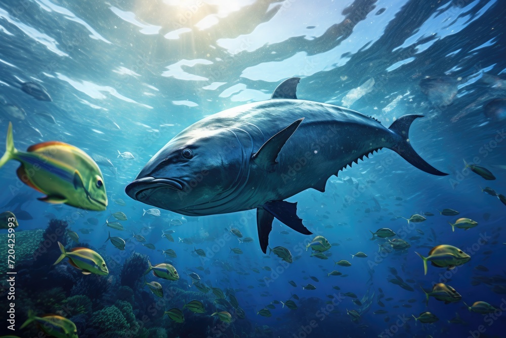 Fototapeta premium A large fish and a smaller fish swimming side by side in the water, The underwater wild world with tuna fishes, AI Generated