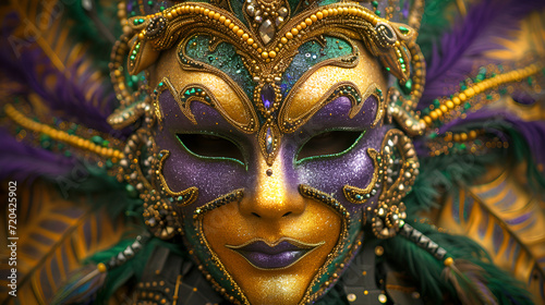  Mardi Gras Mask festival banner background, elegant Mardi grass mask on violet background, Venetian carnival mask, Mardi Gras background. Holiday of Mardi Gras masquerade, generative Ai
